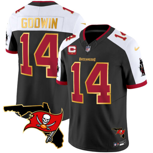 Men's Tampa Bay Buccaneers #14 Chris Godwin Black/White With Florida Patch Gold Trim Vapor Football Stitched Jersey - Click Image to Close